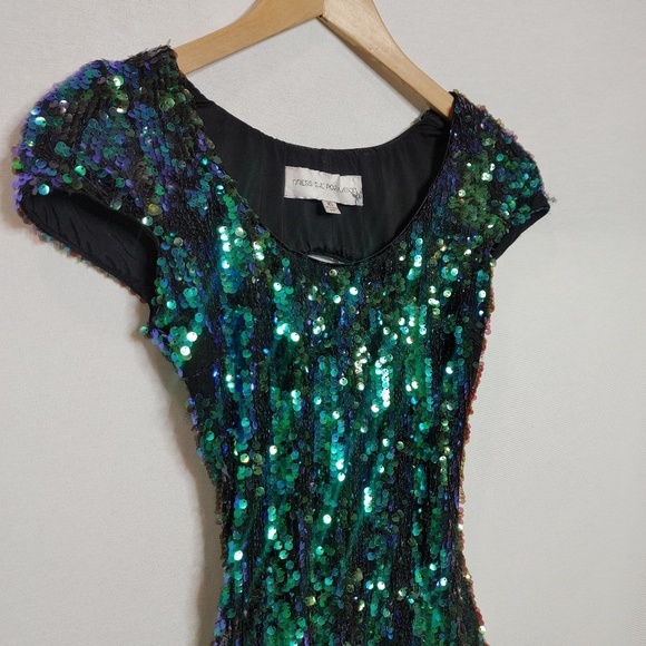 Dress the Population Gabrielle Sequin‎ Mini Dress Open Back Blue Green Purple XS - Picture 4 of 9